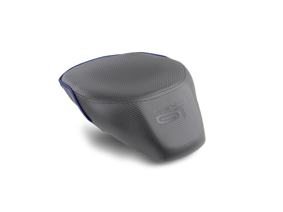 Suzuki GSX-S 1000GT World Sport motorcycle rear seat with custom upholstery and GT Logo.